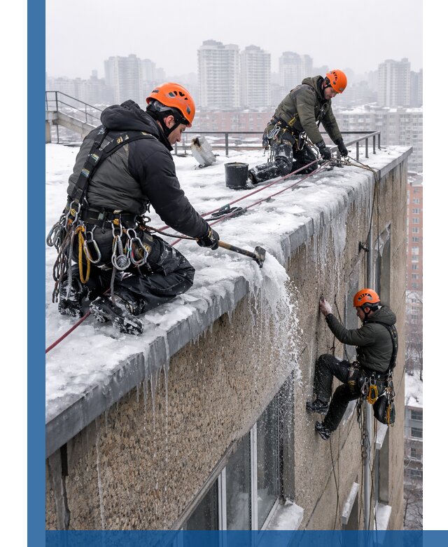 Удаление наледи с кровли в Невинномысске промышленными альпинистами