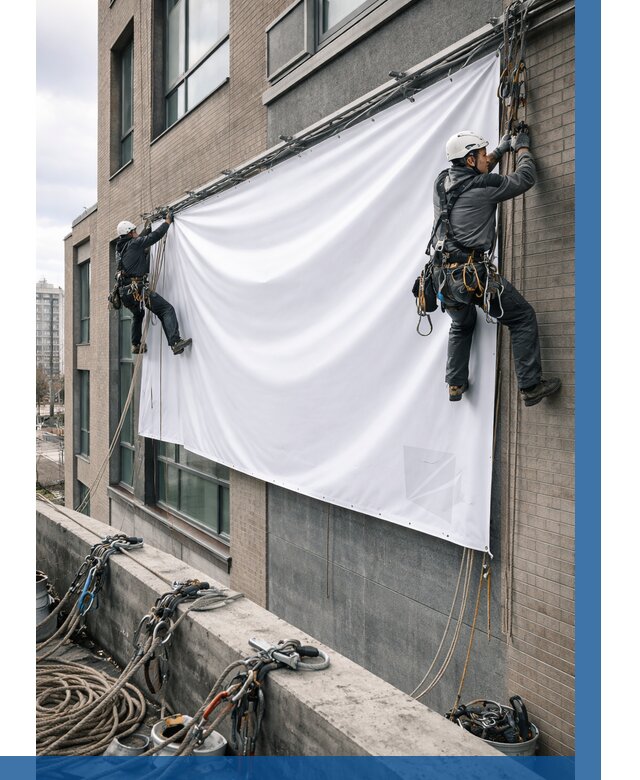 Монтаж баннеров на фасаде в Невинномысске от 665 р. заказать ВЫСОТНИК-Нвн