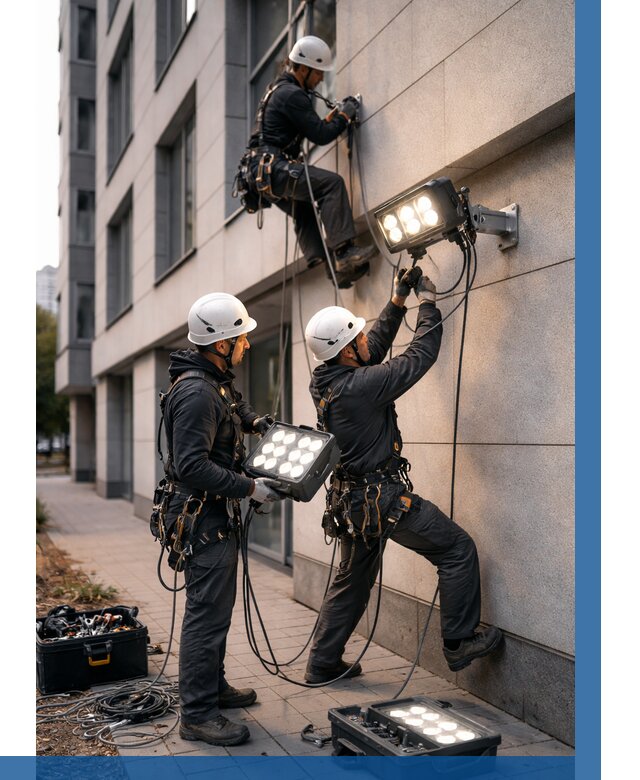 Монтаж прожекторов на фасаде в Невинномысске от 7672 р. | ВЫСОТНИК-Нвн