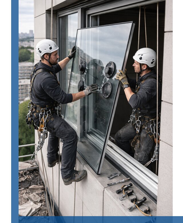 Замена стеклопакетов на высоте с промышленными альпинистами в Невинномысске