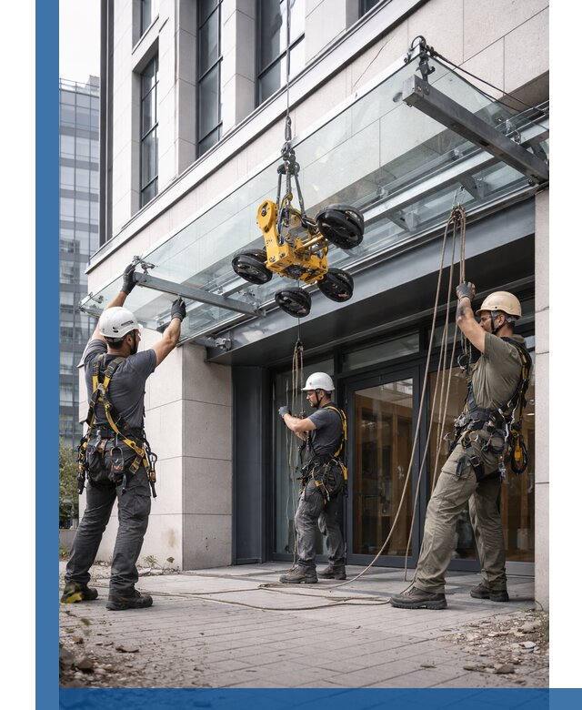 Монтаж стеклянных козырьков под ключ в Невинномысске для зданий