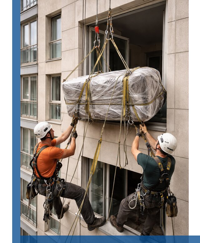 Подъем грузов через окно в Невинномысске промышленными альпинистами